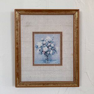 Gold Vintage Wood Picture Frame with linen & Gold Matte Border & Blue Floral Pic